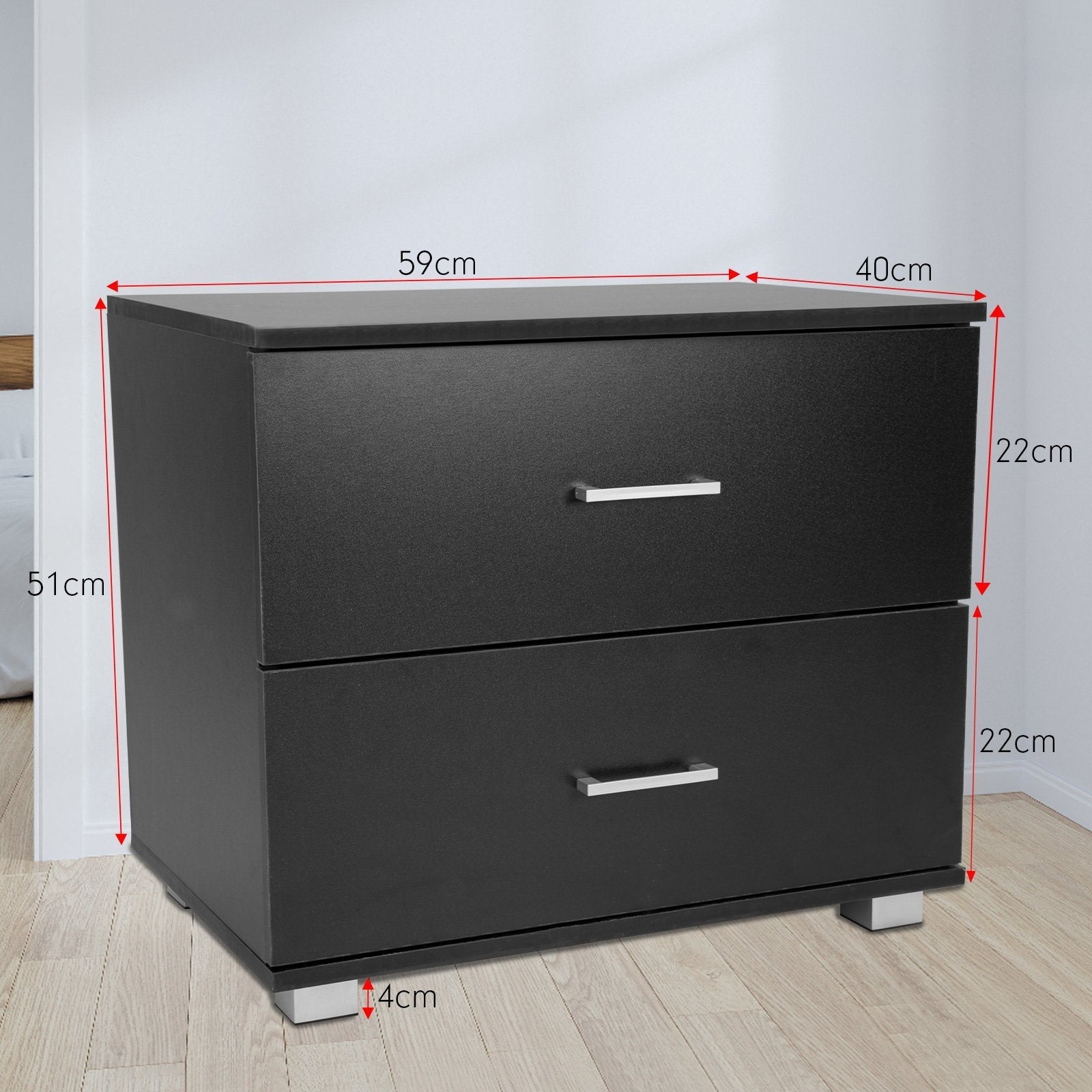 Bedside Table Cabinet Storage Chest 2 Drawers Lamp Side Nightstand - Black