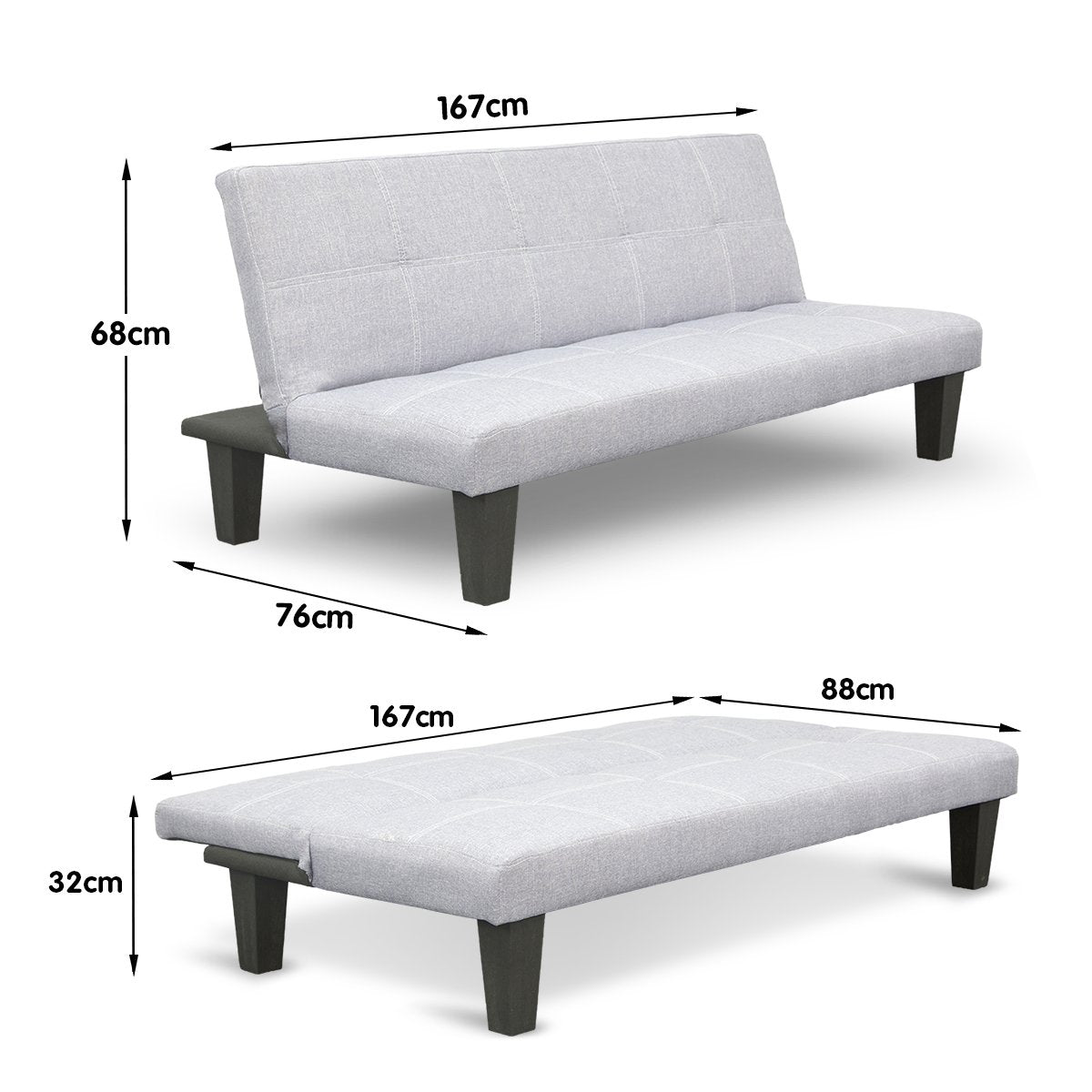Linen Sofa Bed Lounge Couch Futon Furniture Seat Adjustable Suite Wood 2 Seater Light Grey