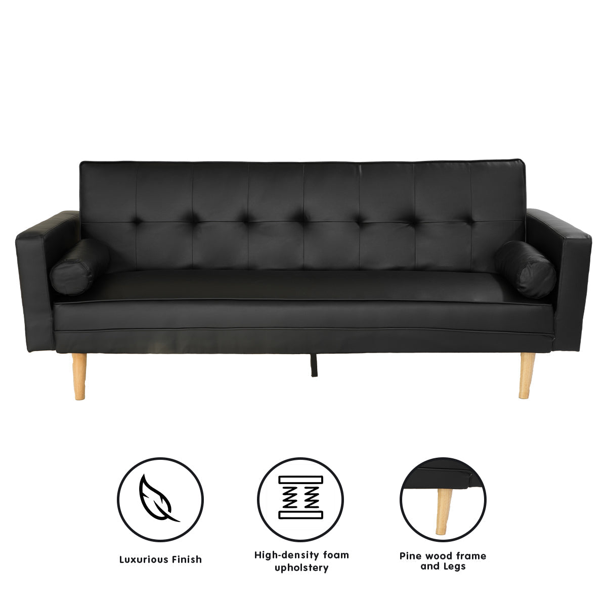 3 Seater Madison Faux Leather Sofa Bed Lounge Couch Futon Furniture Home Suite - Black