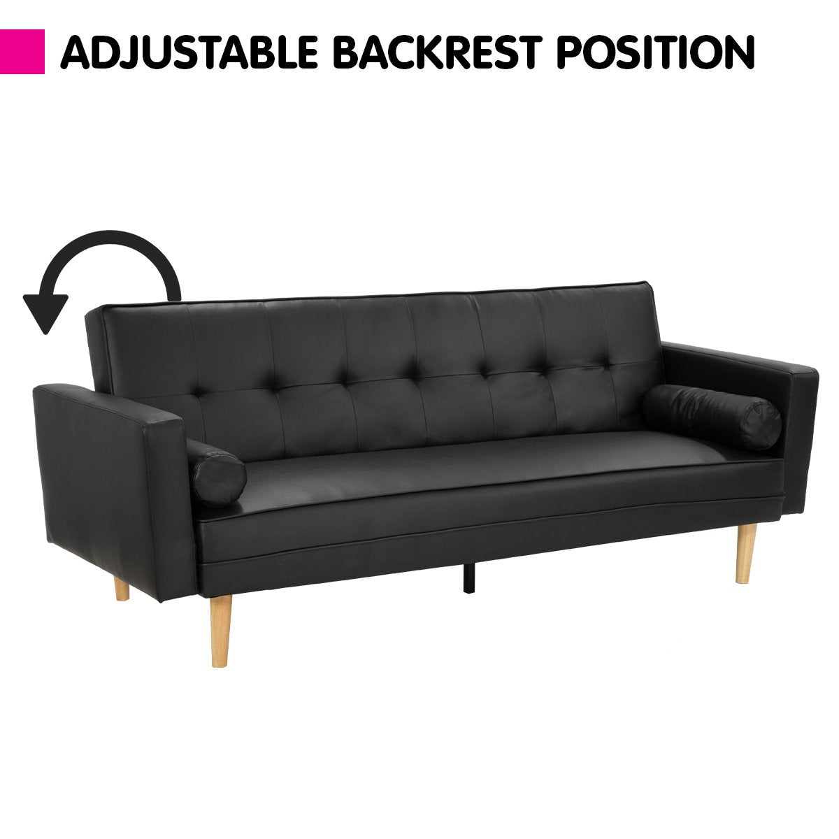 3 Seater Madison Faux Leather Sofa Bed Lounge Couch Futon Furniture Home Suite - Black