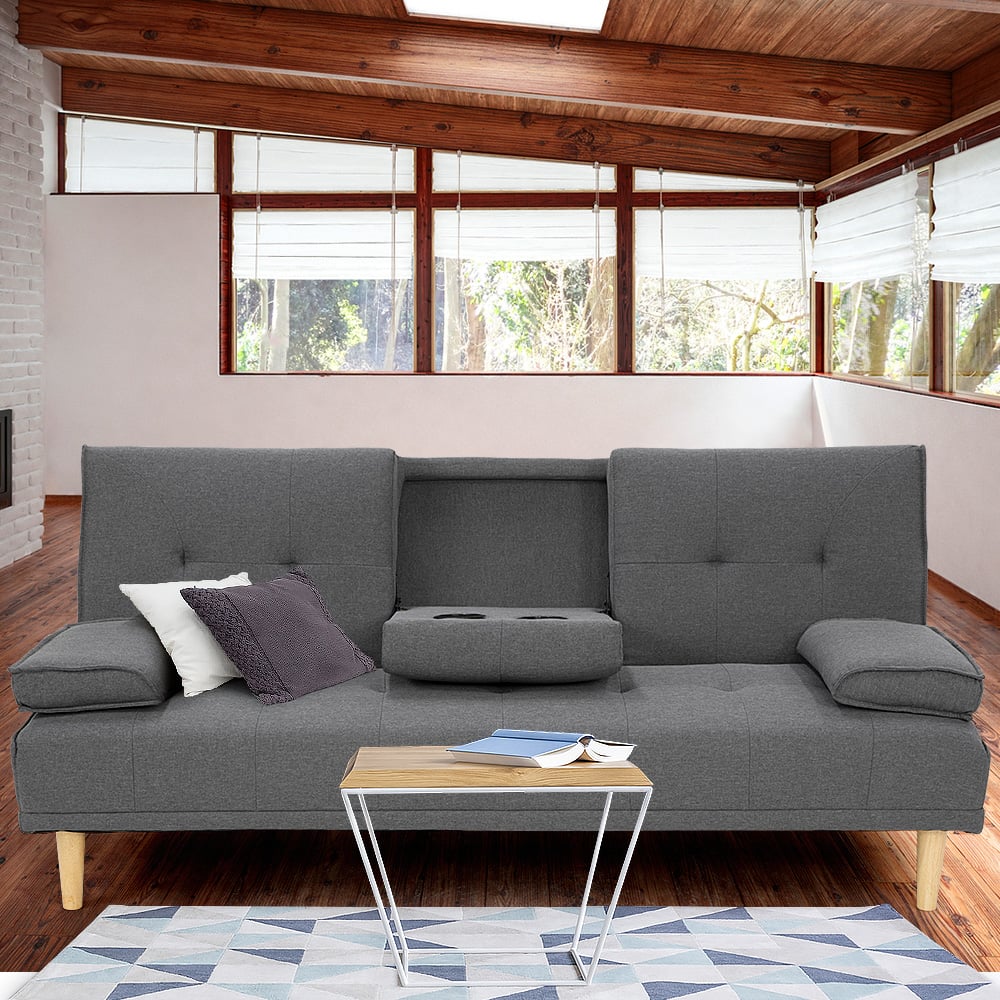 2 Seat Rochester Linen Fabric Sofa Bed Lounge Couch Futon Furniture Suite - Dark Grey