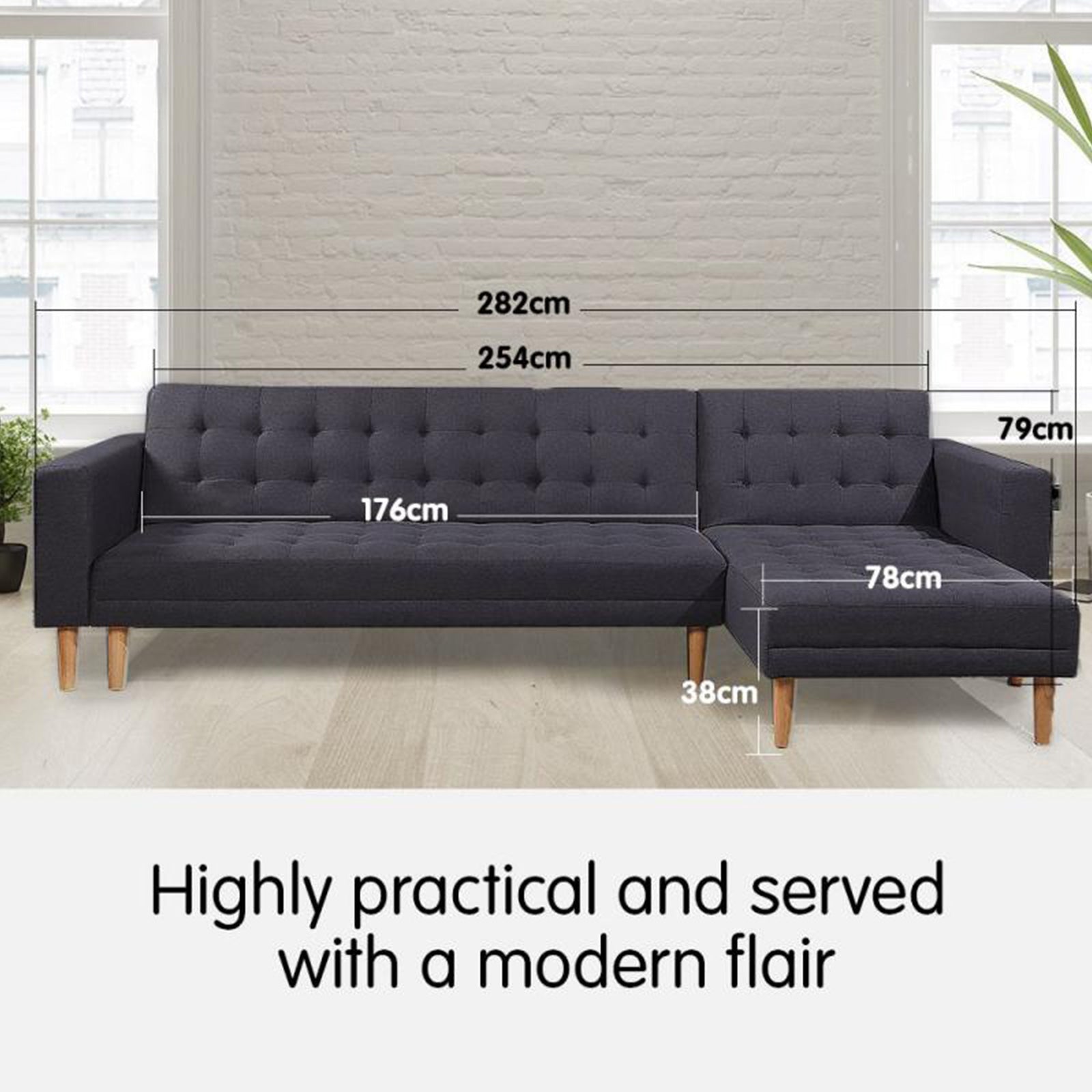 3 Seat Linen Fabric Corner Sofa Bed Couch Lounge With Chaise Furniture - Dark Grey