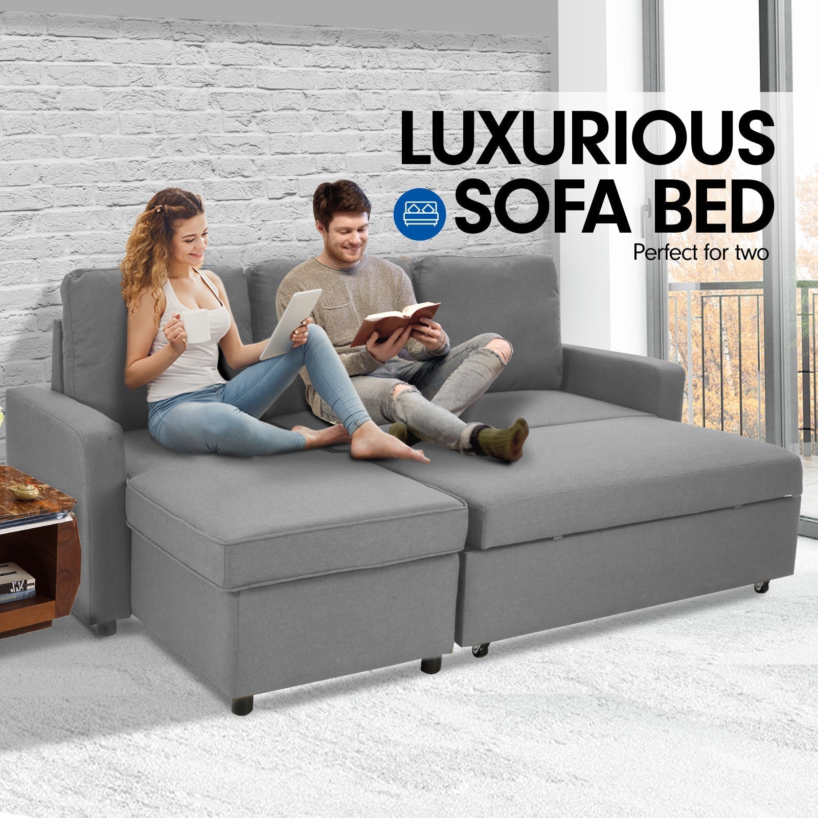 3-seater Corner Sofa Bed With Storage Lounge Chaise Couch - Light Grey