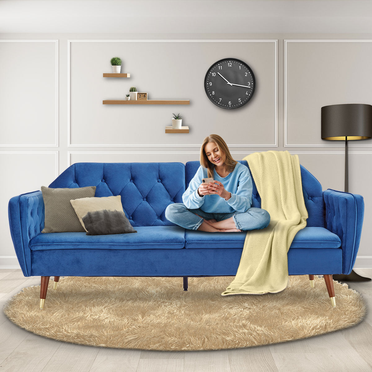 Faux Velvet Sofa Bed Couch Furniture Lounge Suite Futon Blue