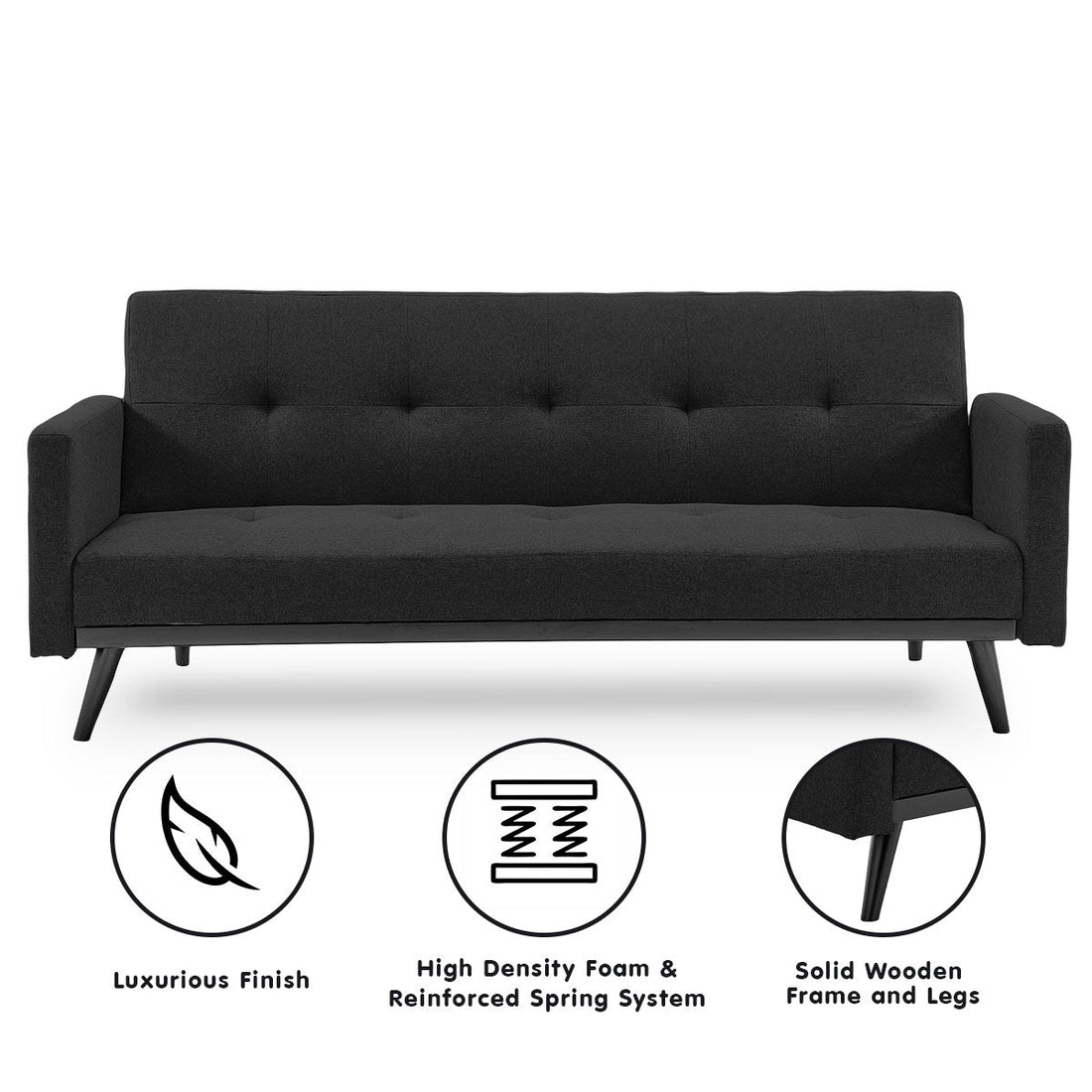 Faux Linen 3-Seater Sofa Bed with Armrests - Black