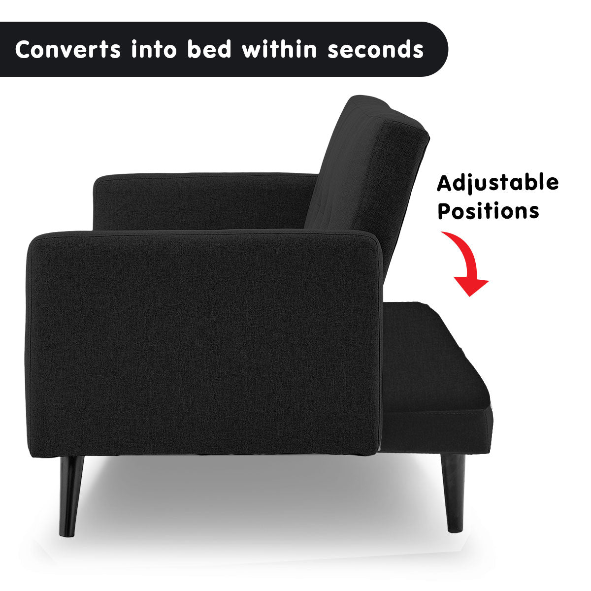 Faux Linen 3-Seater Sofa Bed with Armrests - Black