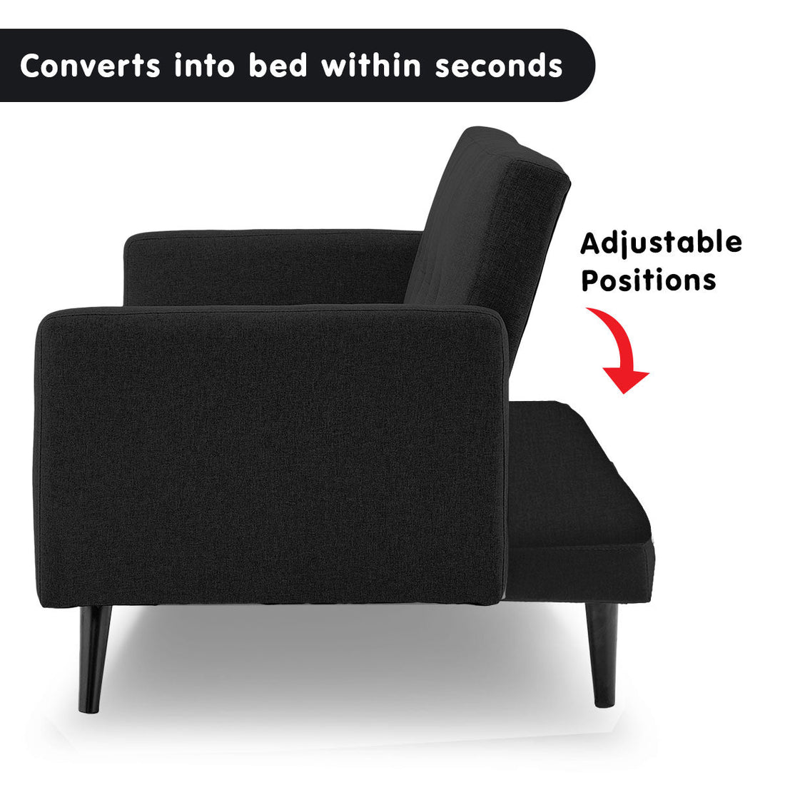 Faux Linen 3-Seater Sofa Bed with Armrests - Black
