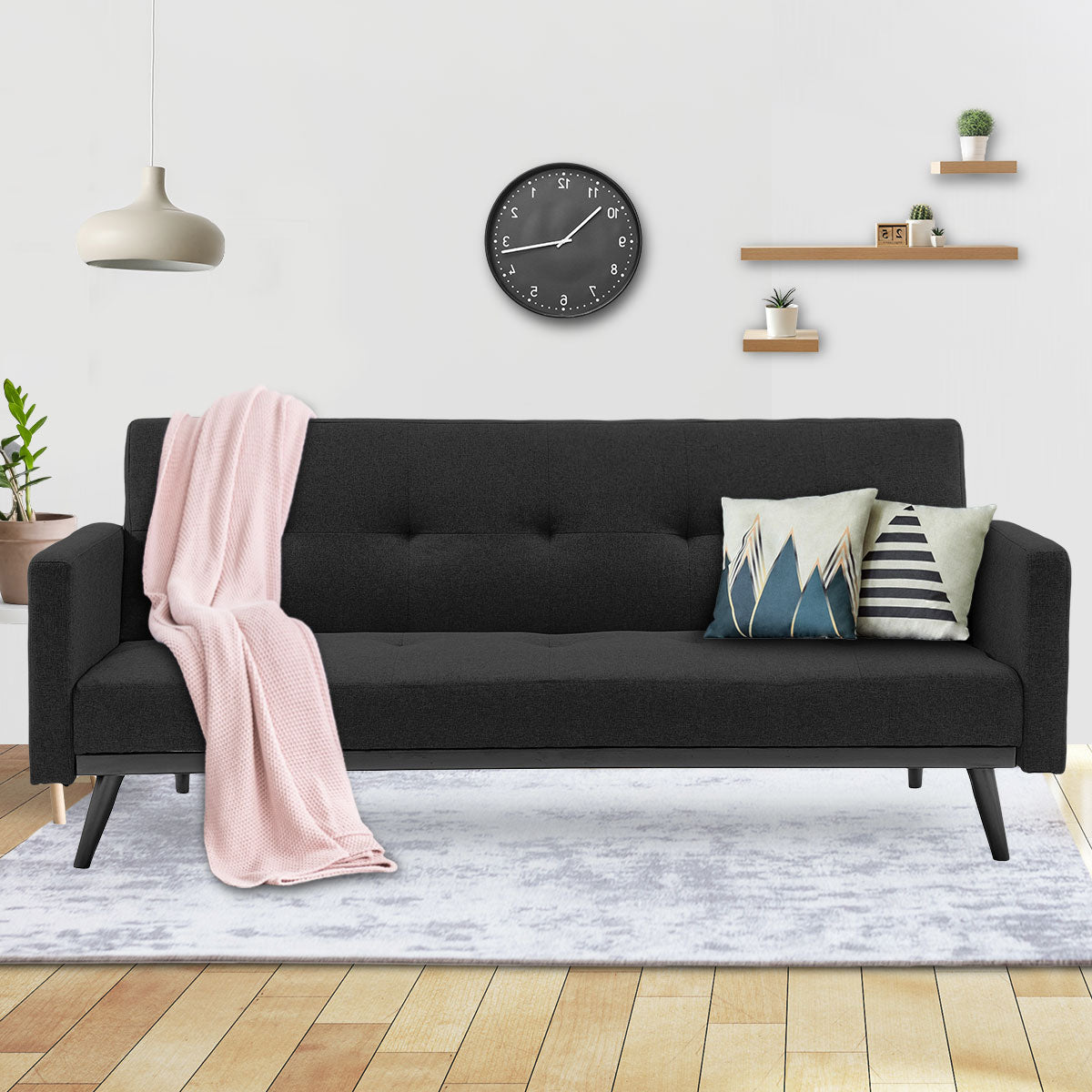 Faux Linen 3-Seater Sofa Bed with Armrests - Black