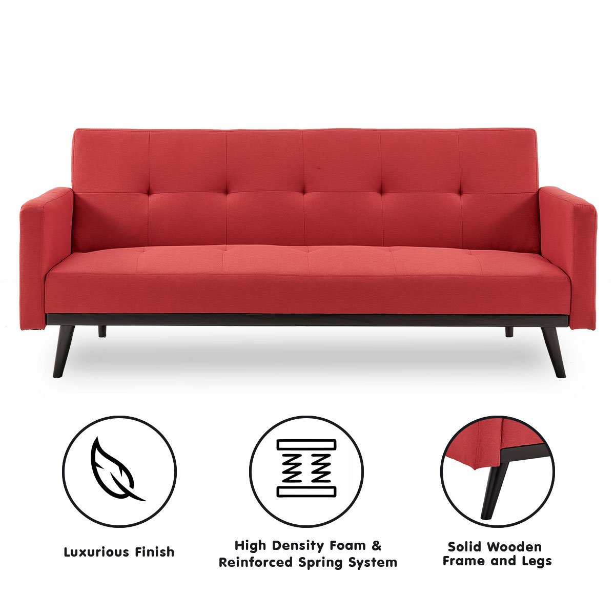 Faux Linen 3-Seater Sofa Bed with Armrests - Red