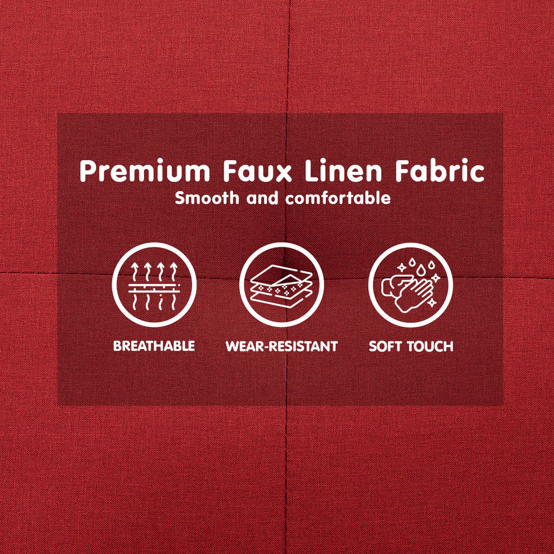 Faux Linen 3-Seater Sofa Bed with Armrests - Red