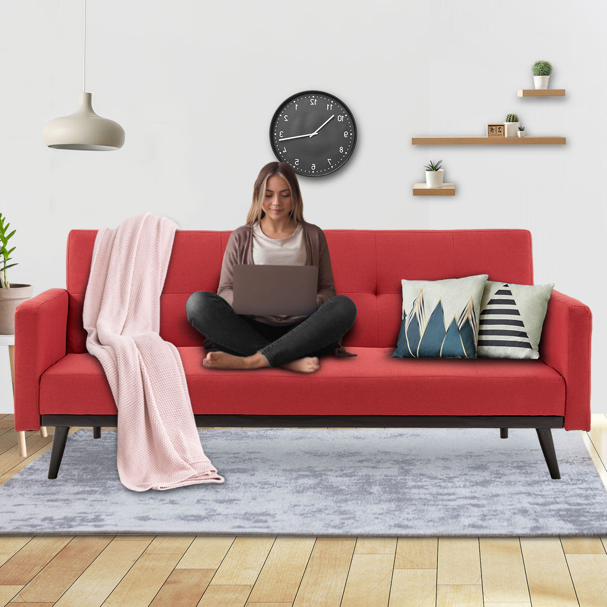 Faux Linen 3-Seater Sofa Bed with Armrests - Red