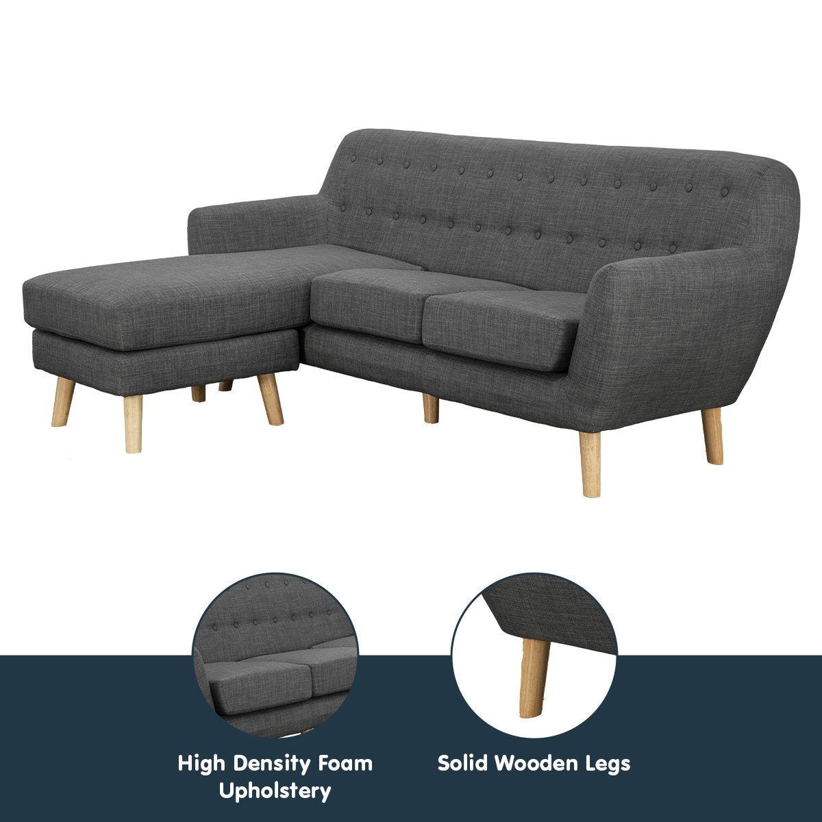 Linen Corner Wooden Sofa Couch Lounge L-shaped with Chaise - Dark Grey