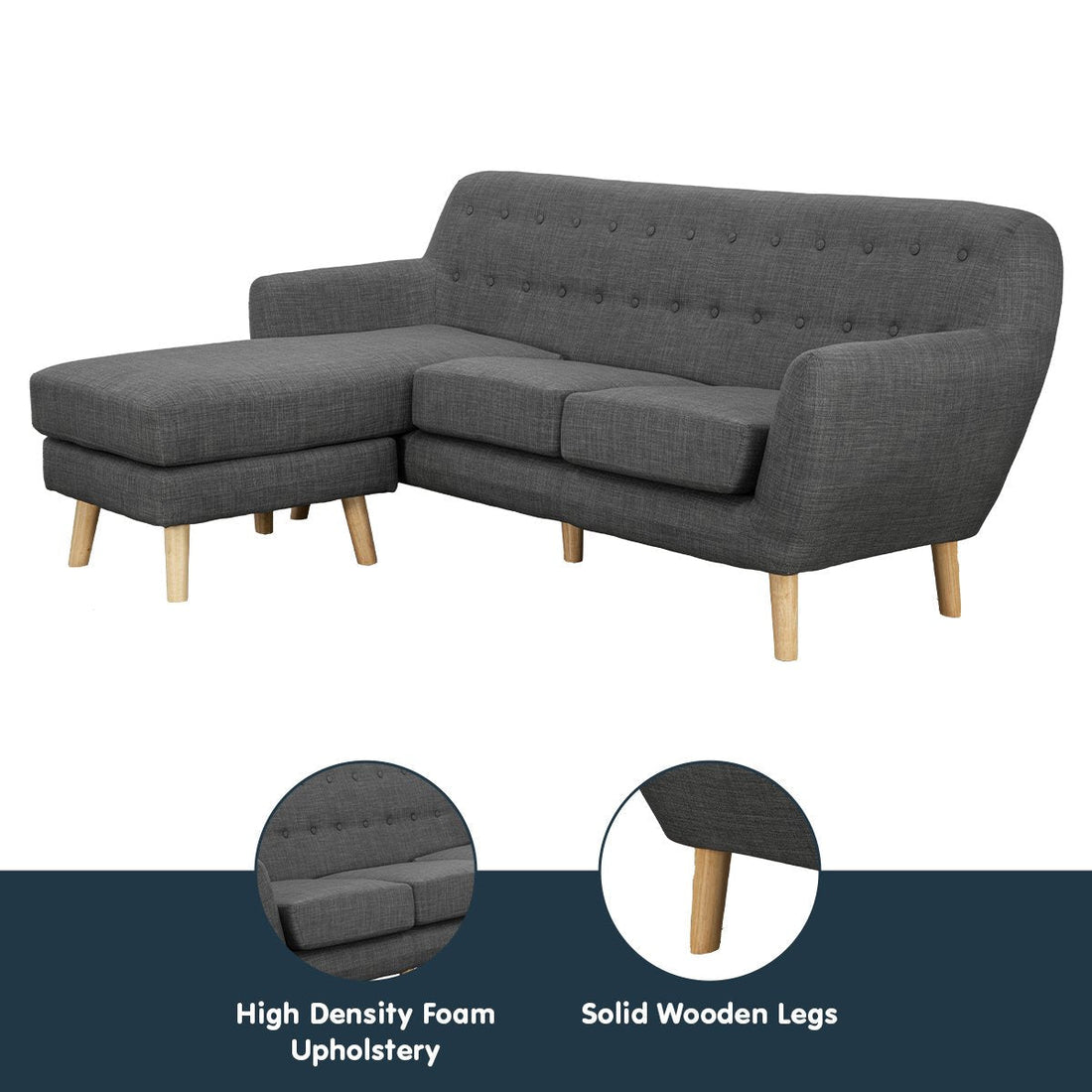 Linen Corner Wooden Sofa Couch Lounge L-shaped with Chaise - Dark Grey