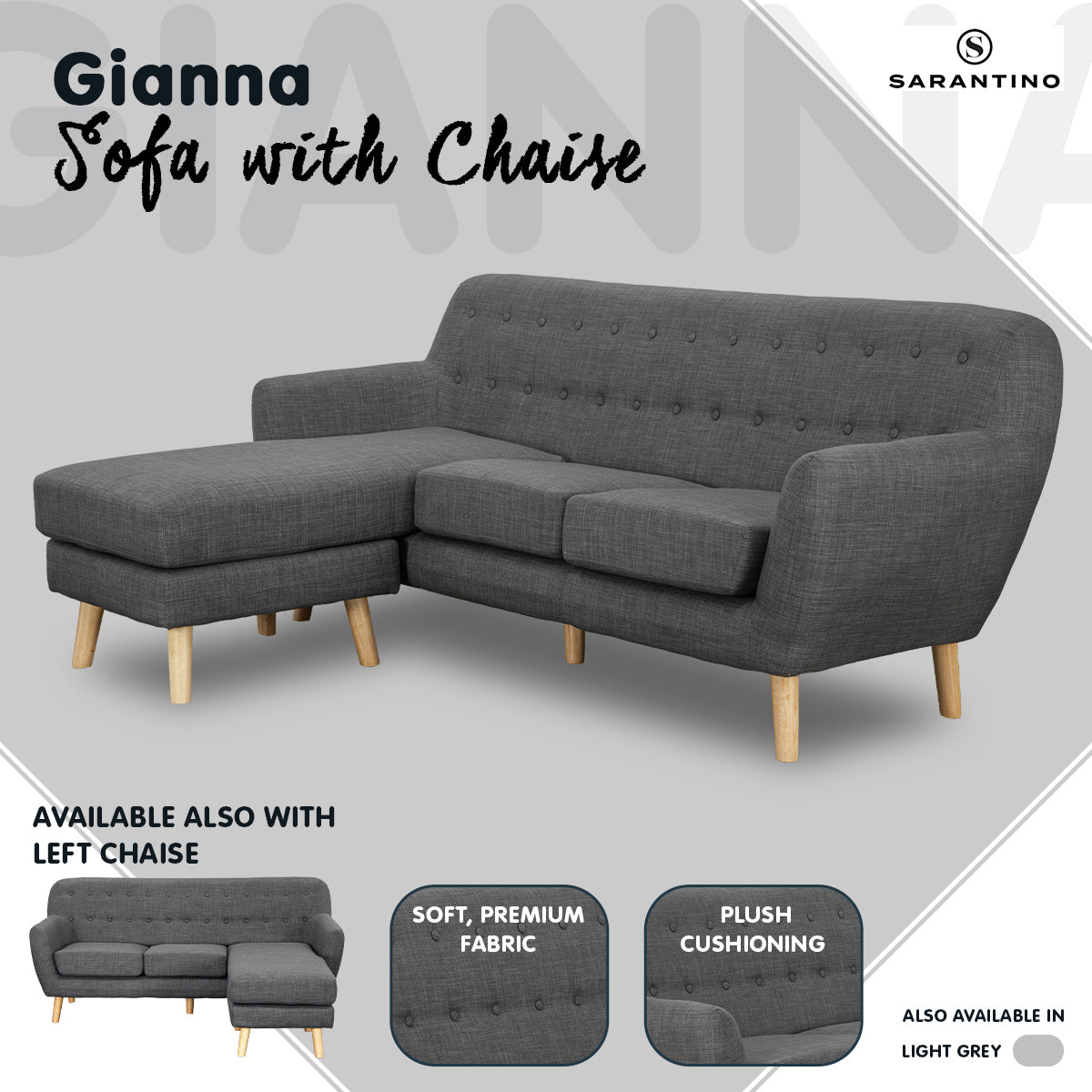 Linen Corner Wooden Sofa Couch Lounge L-shaped with Chaise - Dark Grey