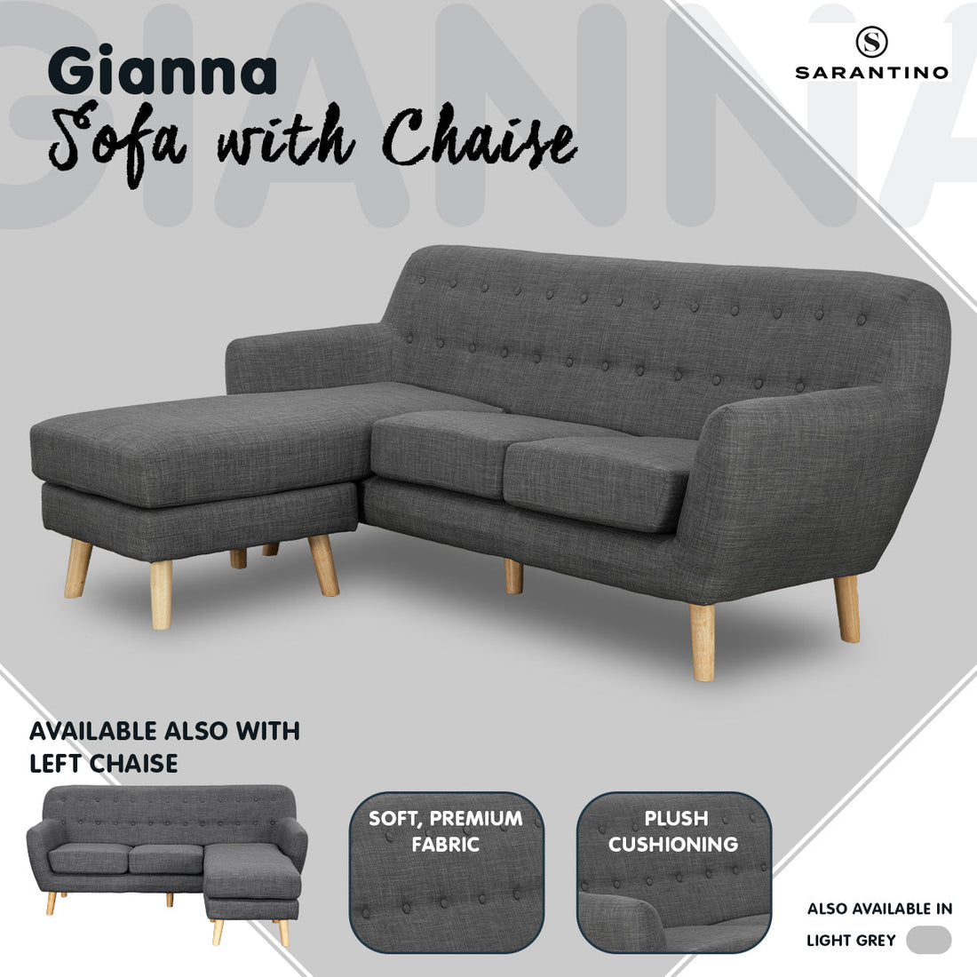 Linen Corner Wooden Sofa Couch Lounge L-shaped with Chaise - Dark Grey