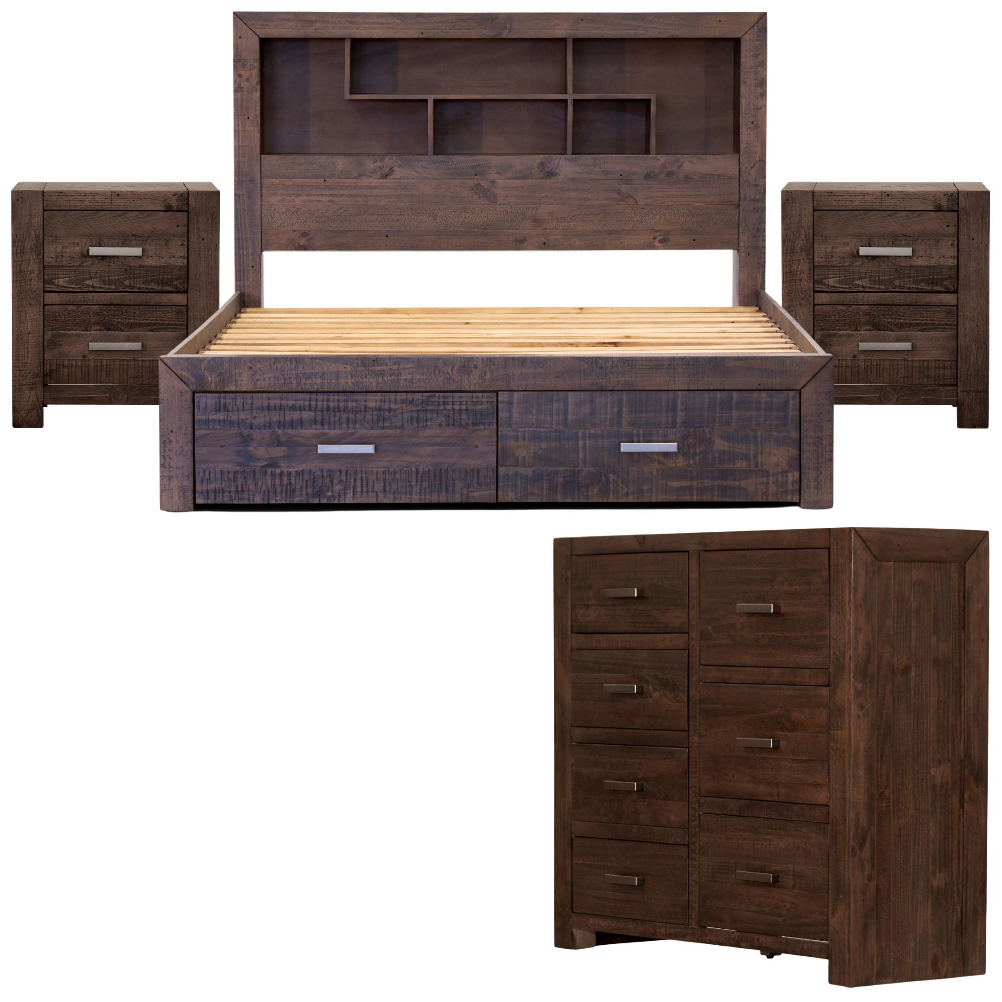 4pc King Bed Suite Bedside Tallboy Bedroom Furniture Package Grey Stone