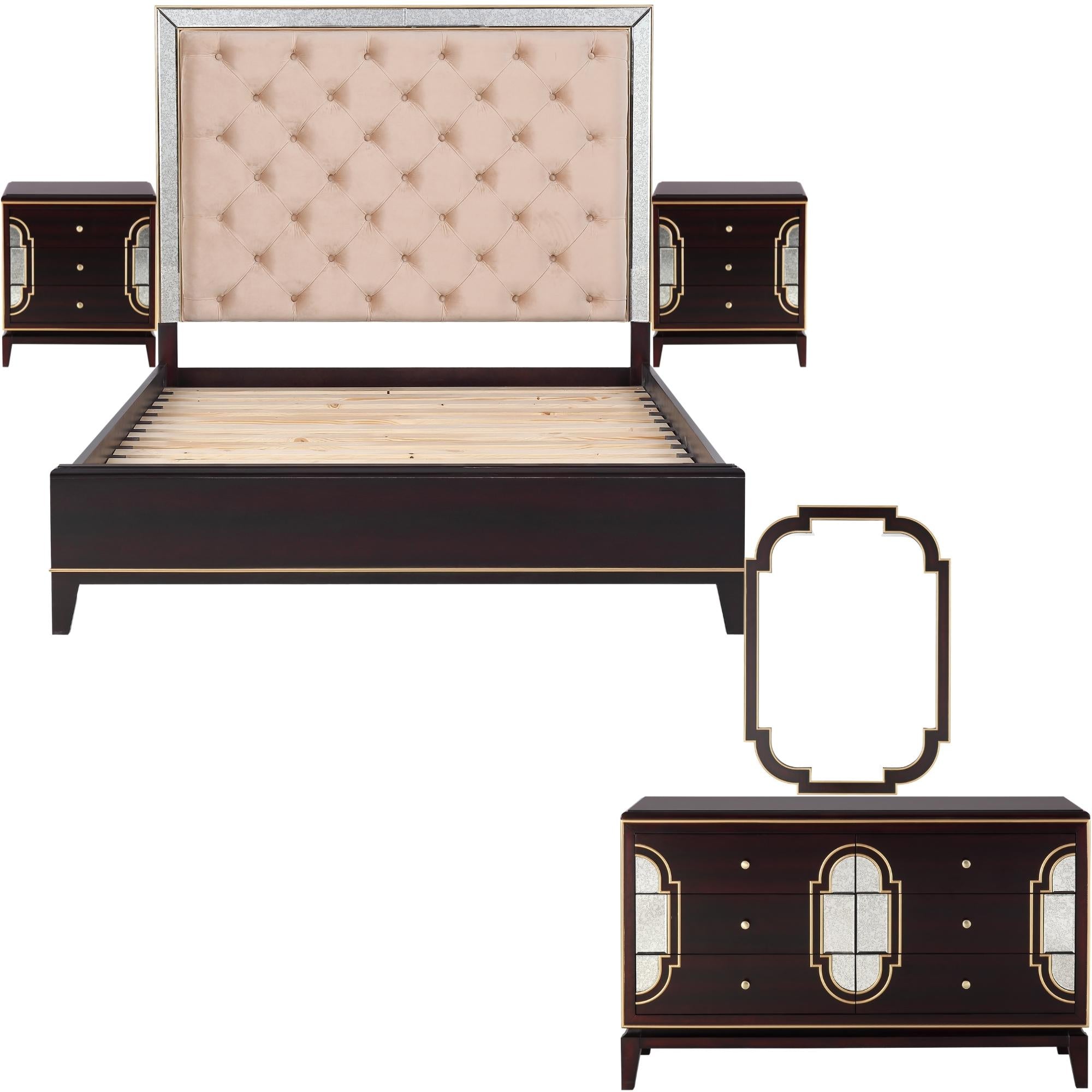 5pc Queen Bed Frame Bedroom Suite Timber Bedside Dresser Mirror Package