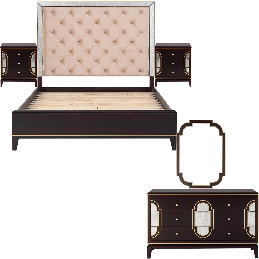 5pc Queen Bed Frame Bedroom Suite Timber Bedside Dresser Mirror Package