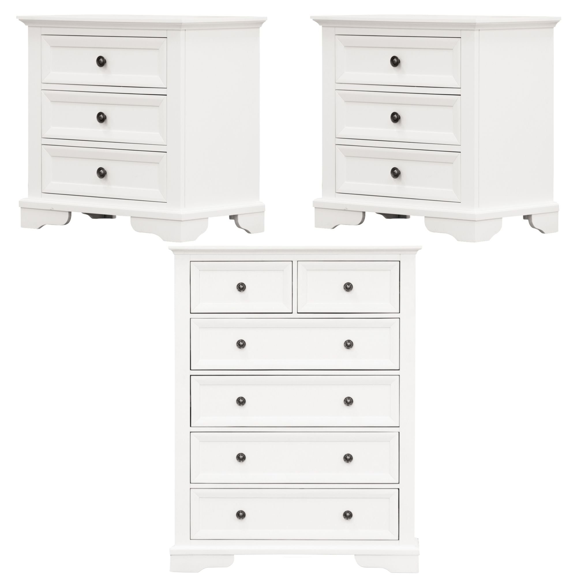 2pc Bedside Tallboy 3pc Bedroom Set Nightstand Storage Cabinet - White