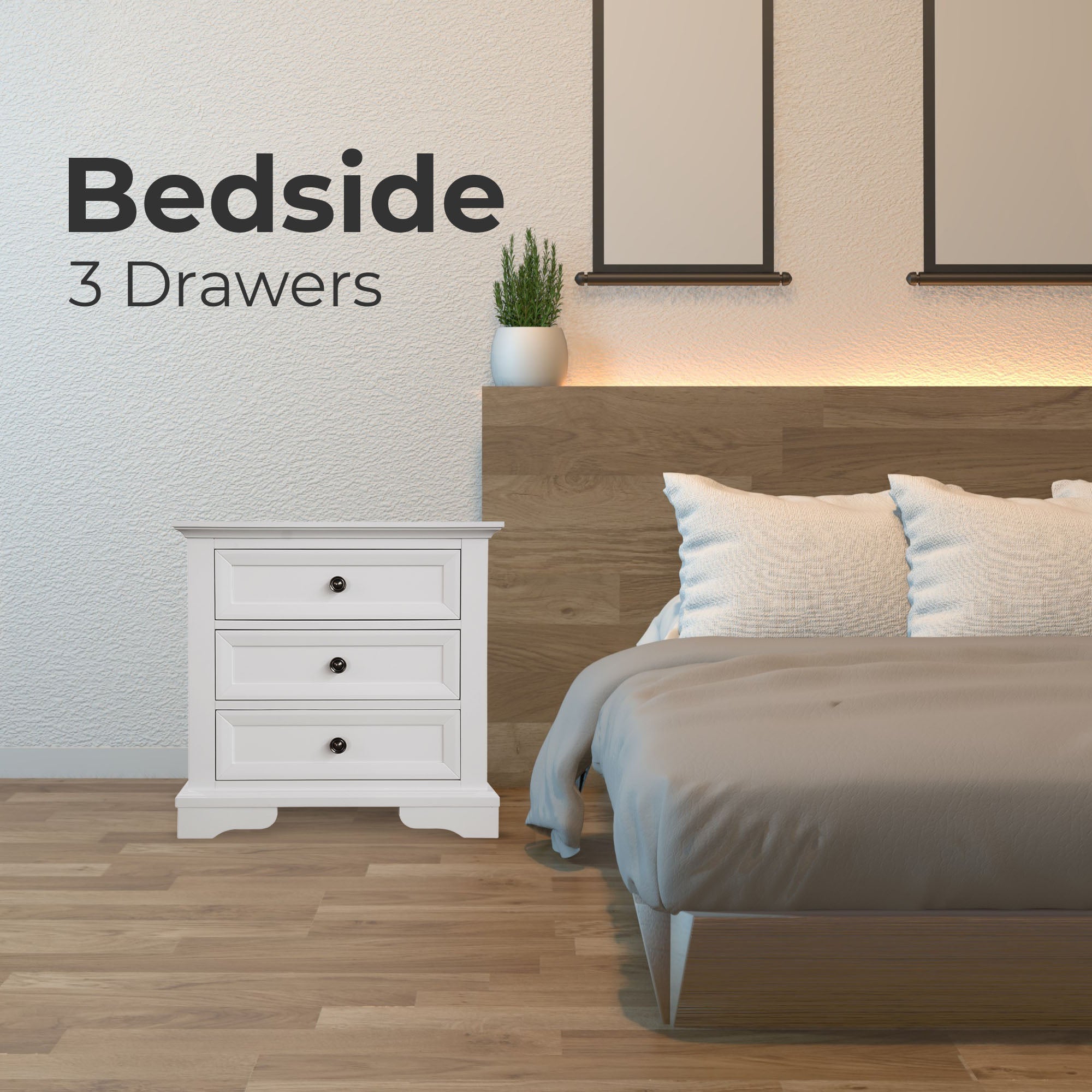 3 Drawers Bedside Table Storage Cabinet Nightstand End Tables - White