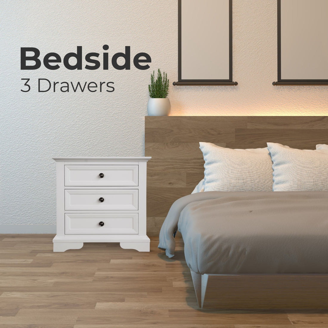 3 Drawers Bedside Table Storage Cabinet Nightstand End Tables - White