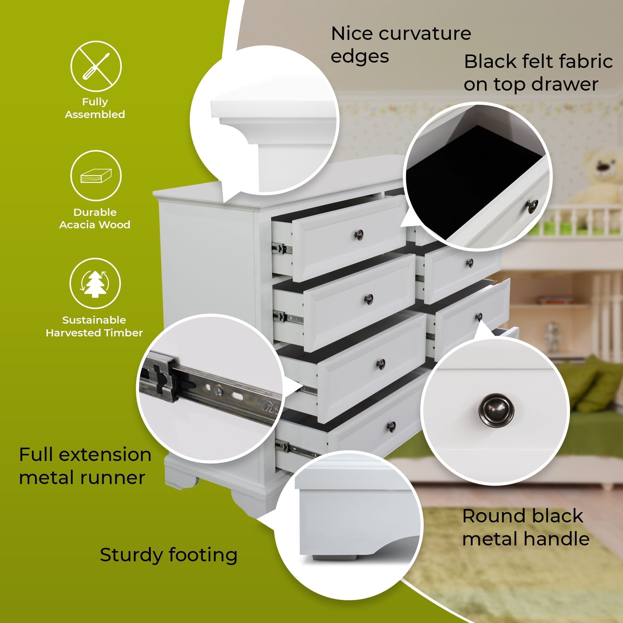 Dresser 8 Chest of Drawers Bedroom Acacia Timber Storage Cabinet - White