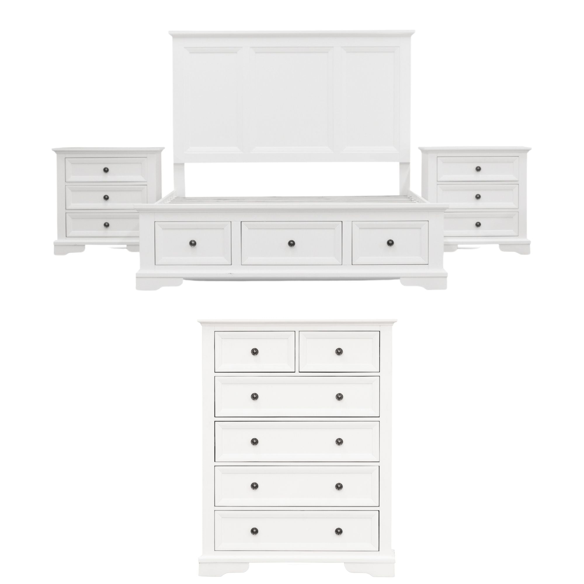 4pc Queen Bed Frame Bedroom Suite Timber Bedside Tallboy Package - White