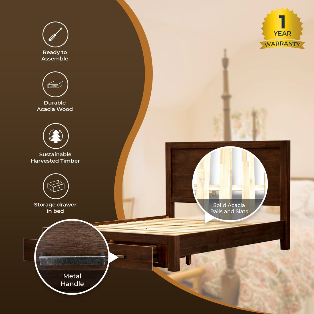 4pc Queen Bed Frame Suite Bedside Tallboy Furniture Package - Walnut