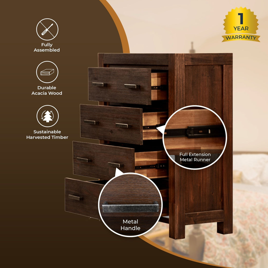 4pc King Bed Frame Suite Bedside Tallboy Furniture Package - Walnut