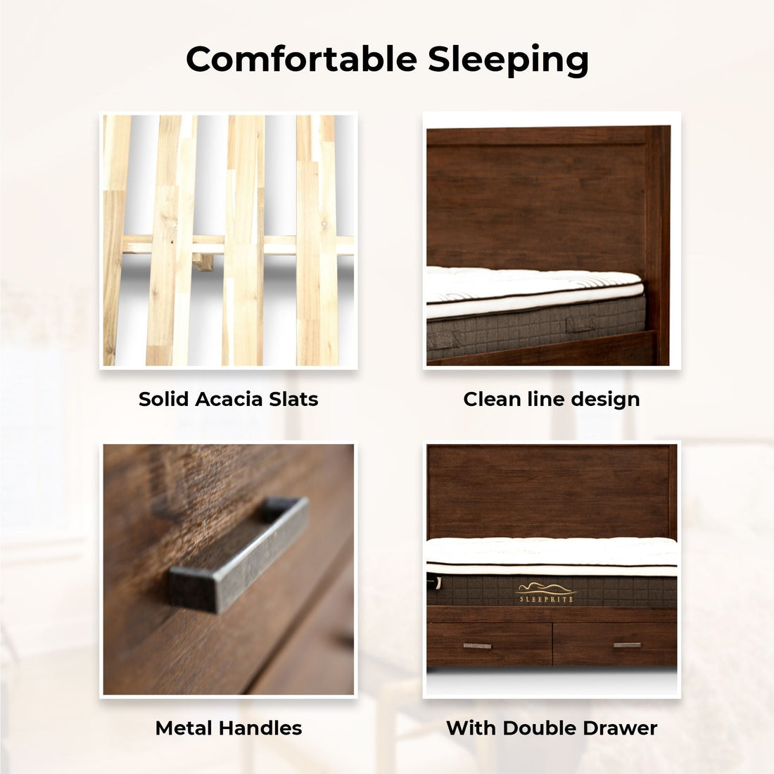 4pc King Bed Frame Suite Bedside Tallboy Furniture Package - Walnut