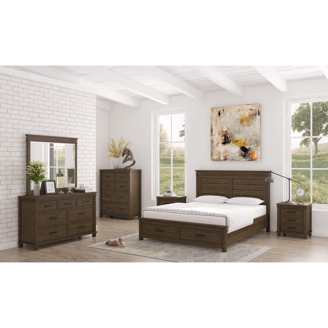 5pc Queen Bed Suite Bedside Dresser Bedroom Furniture Package - Rustic Grey