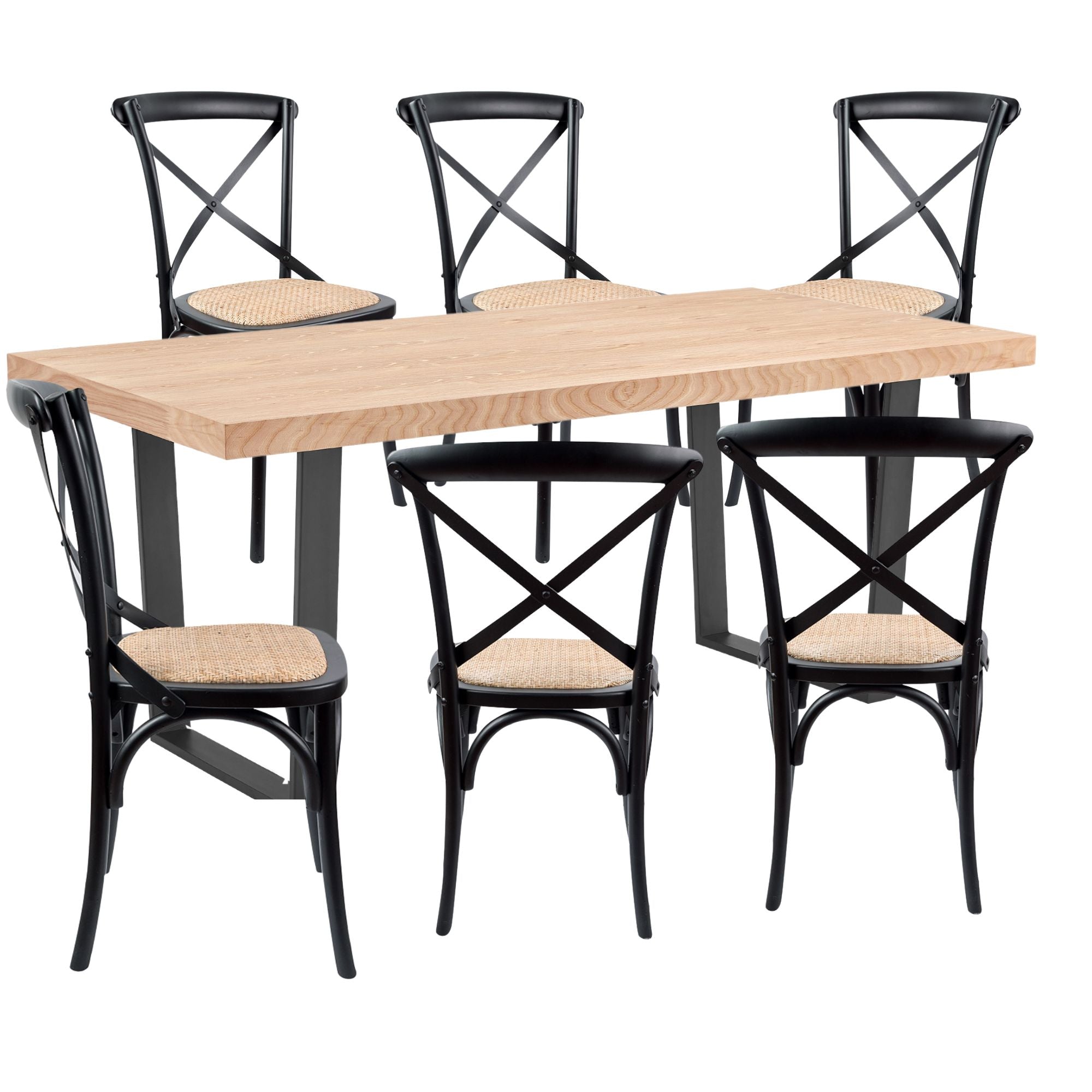 7pc 180cm Dining Table Set 6 Cross Back Chair Elm Timber Wood Metal Leg