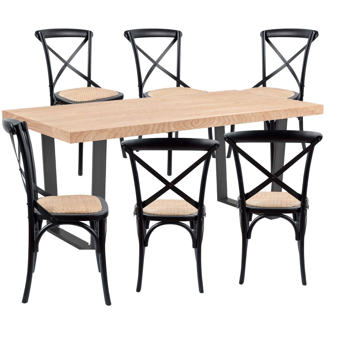 7pc 180cm Dining Table Set 6 Cross Back Chair Elm Timber Wood Metal Leg