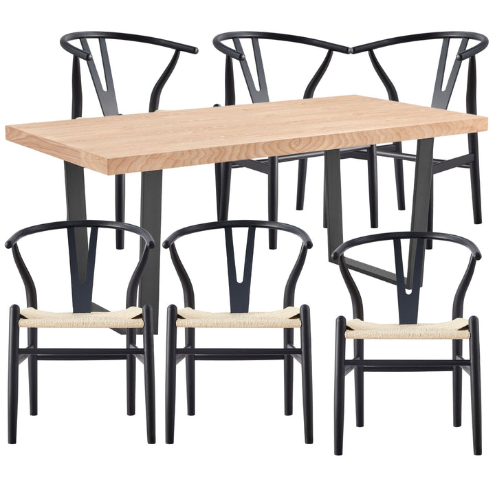 7pc 180cm Dining Table Set 6 Wishbone Chair Elm Timber Wood Metal Leg