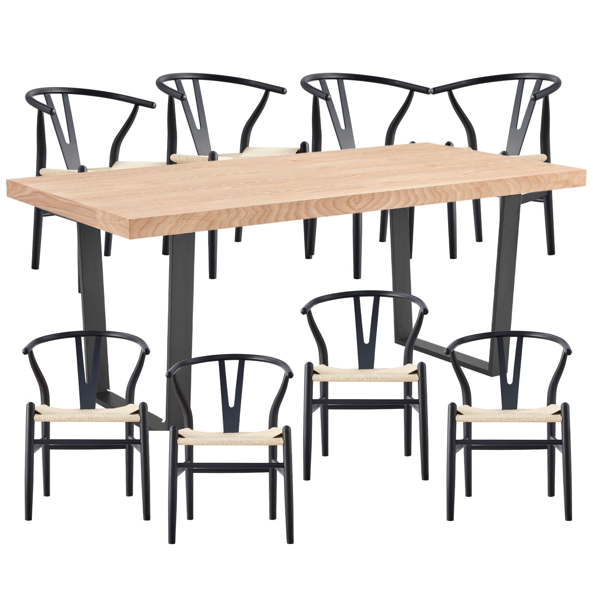 9pc 210cm Dining Table Set 8 Wishbone Chair Elm Timber Wood Metal Leg