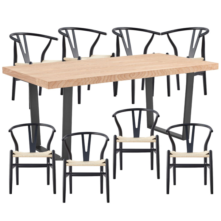 9pc 210cm Dining Table Set 8 Wishbone Chair Elm Timber Wood Metal Leg