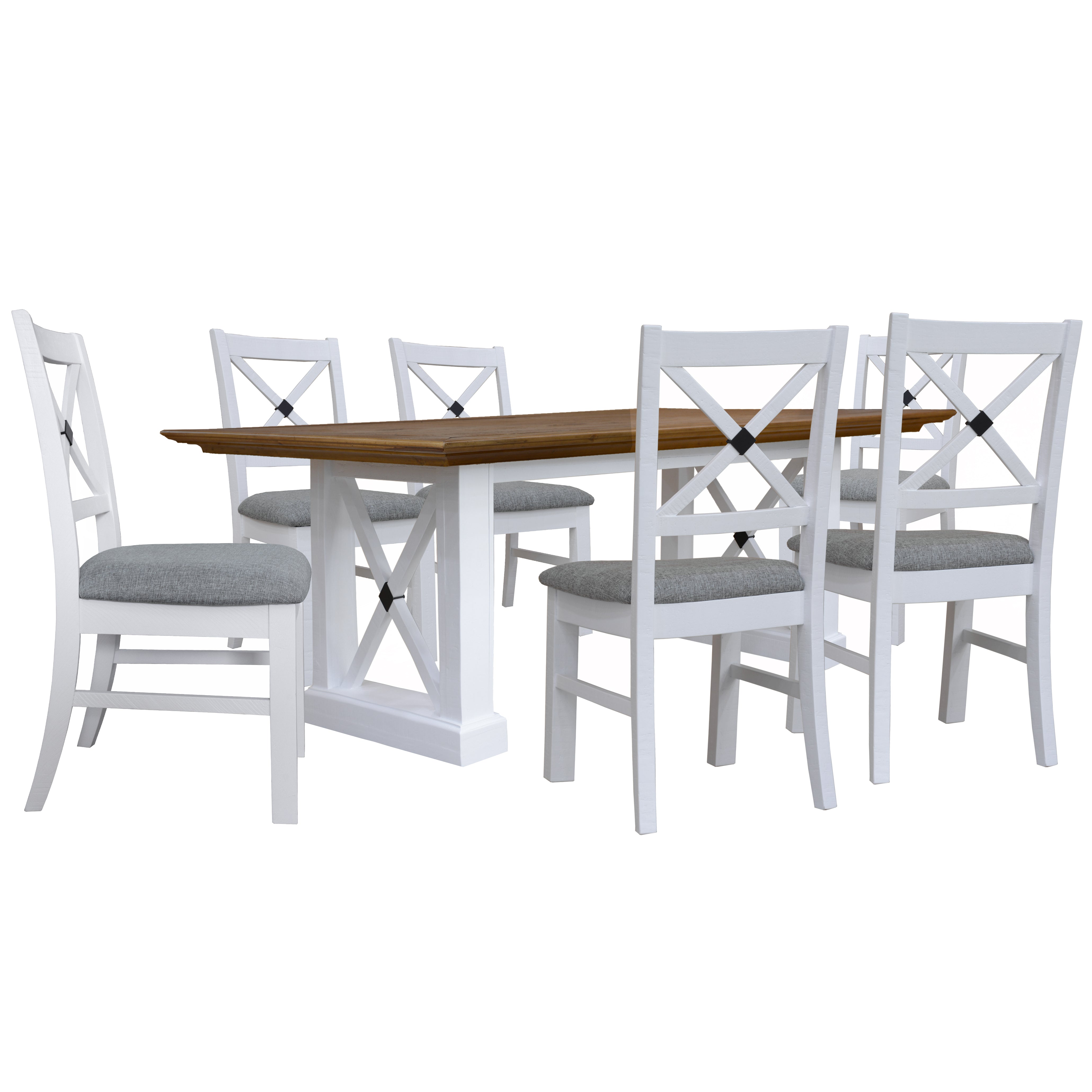7pc Dining Set 200cm Table 6 Chair Pine Wood Hampton Furniture - Grey