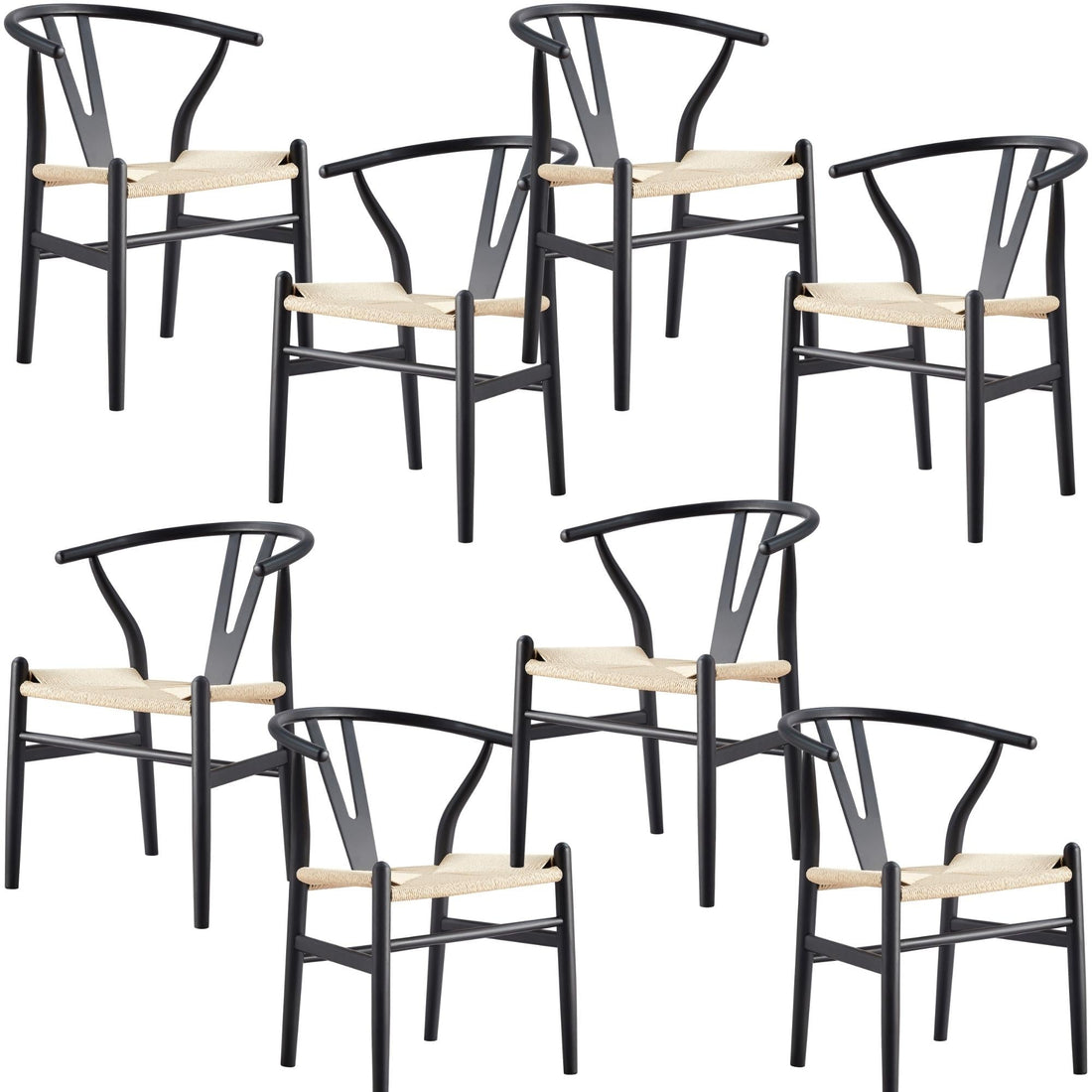 Set of 8 Wishbone Dining Chair Beech Timber Replica Hans Wenger - Black