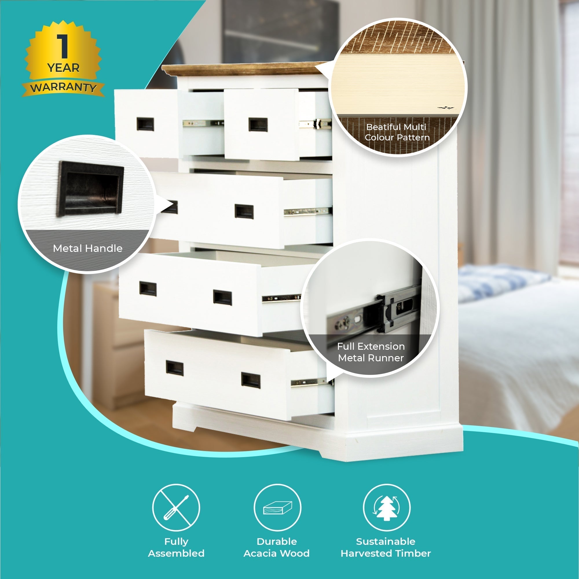 5 Chest of Drawers Solid Wood Storage Cabinet - Multi Color