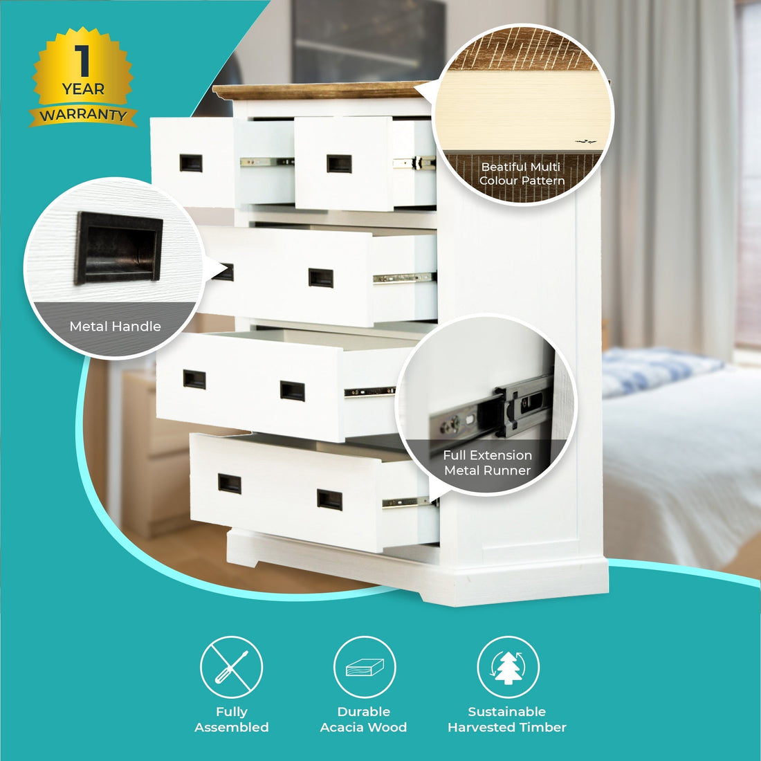 5 Chest of Drawers Solid Wood Storage Cabinet - Multi Color