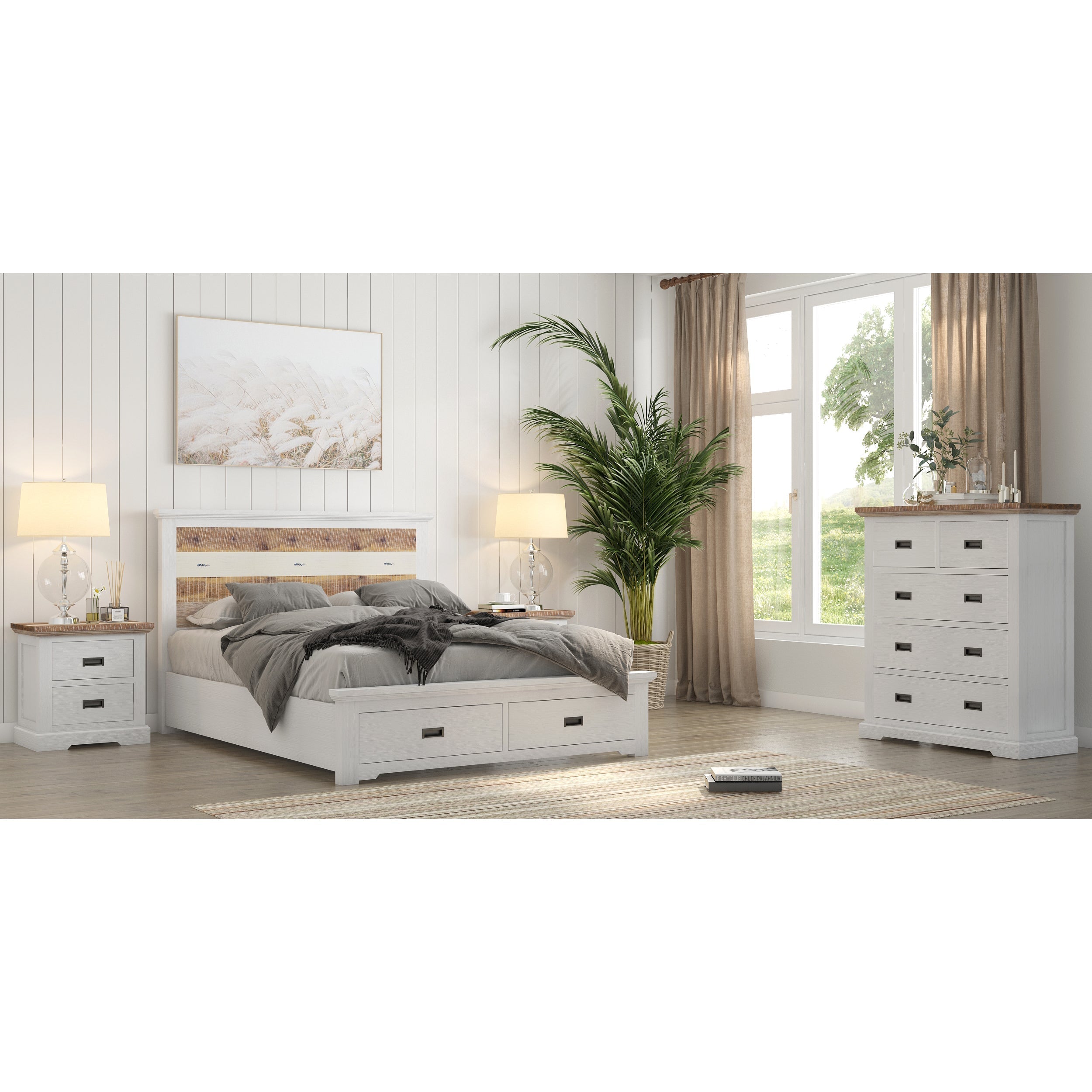 4pc Queen Bed Frame Suite Bedside Tallboy Furniture Package -Multi Color