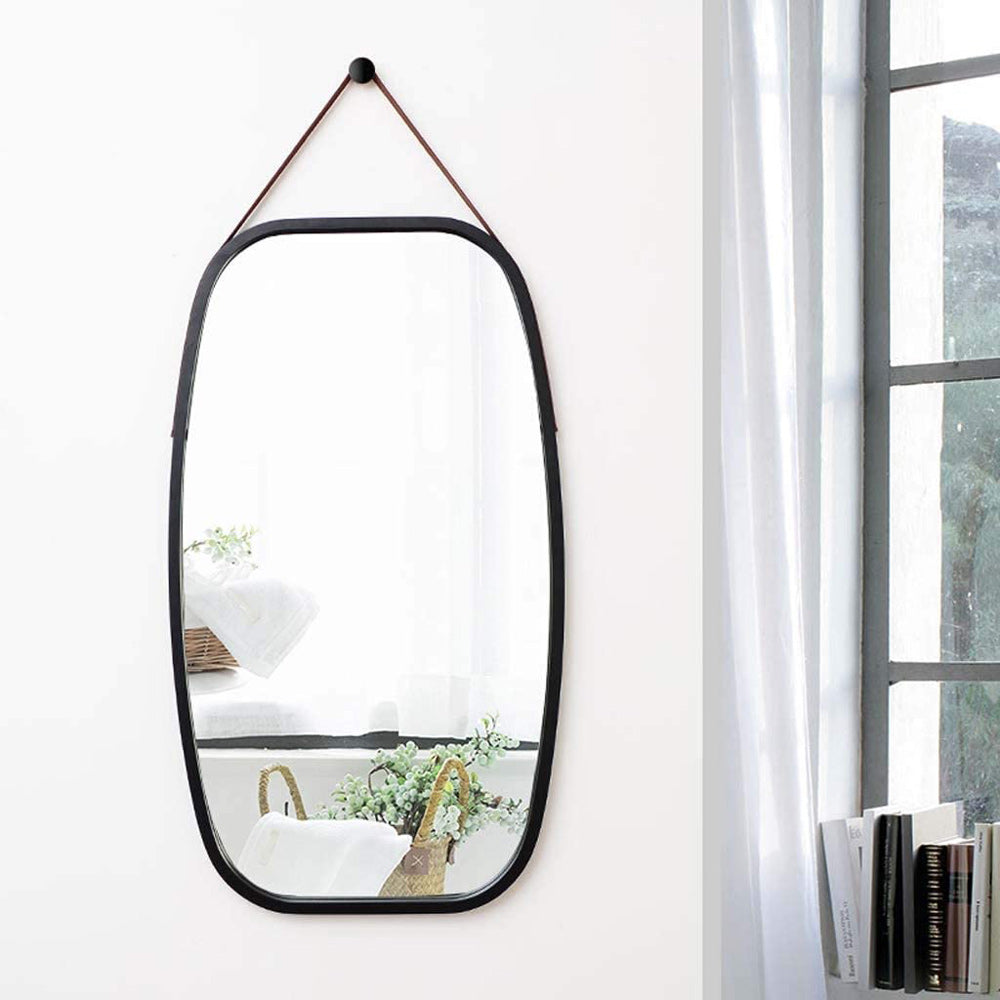 Black Bathroom Wall Mount Hanging Bamboo Frame Mirror Adjustable Strap Wall Mirror