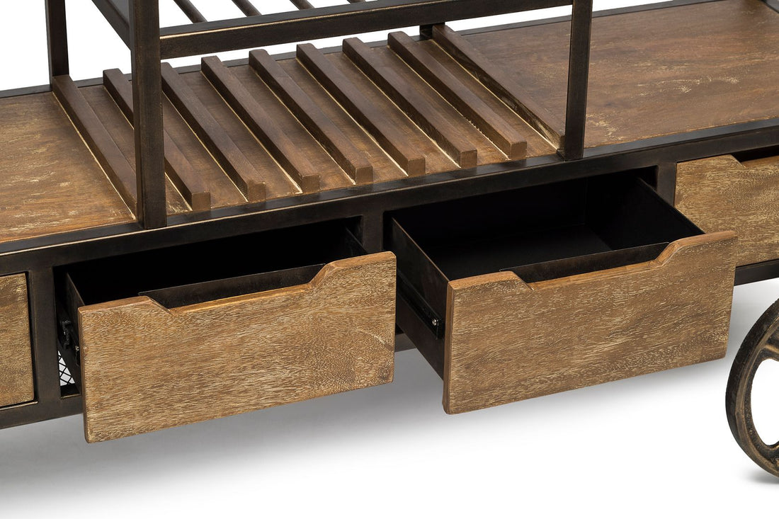 Industrial Style Wooden Bar Cart Drinks Trolley Station with Wine Bottle Rack