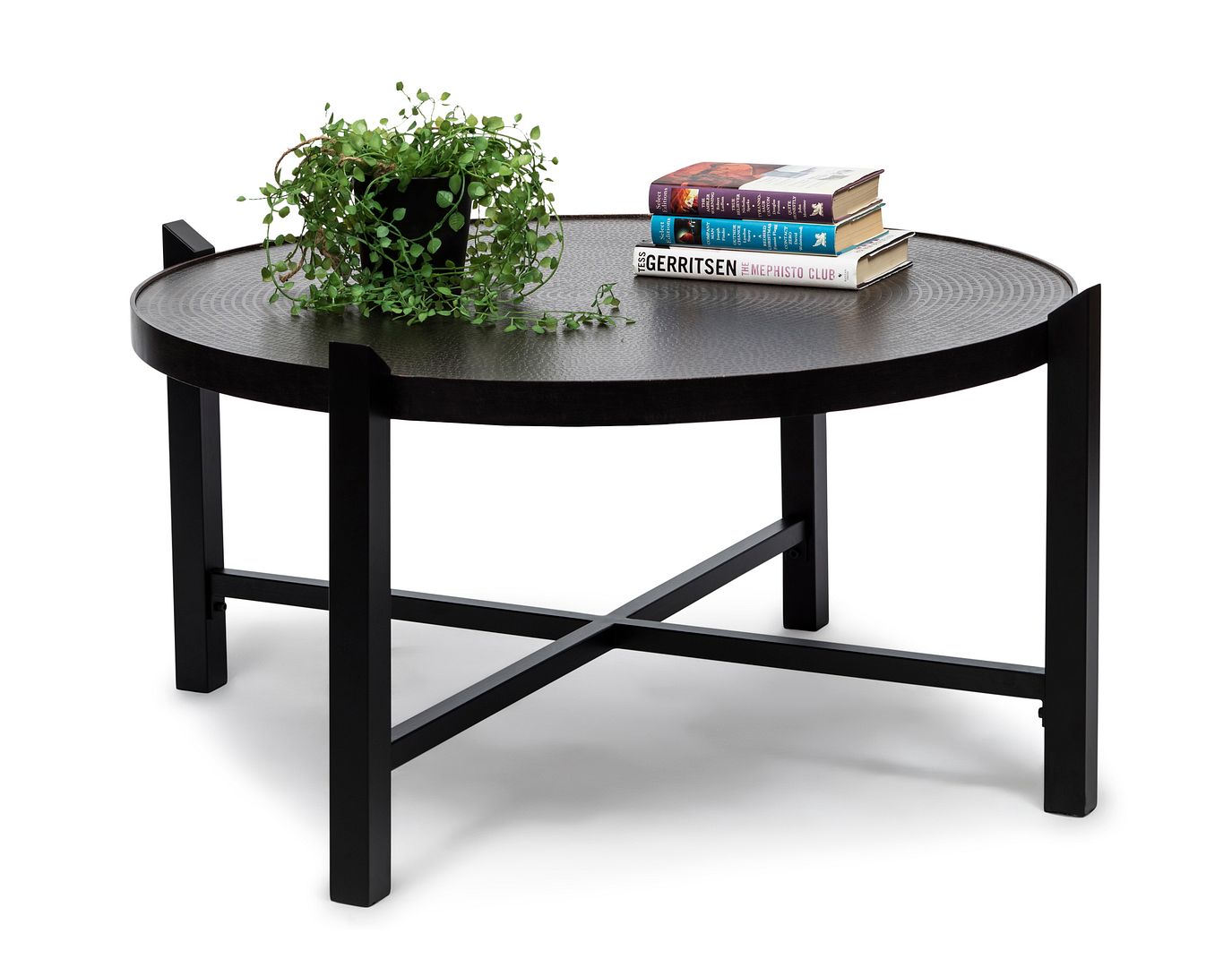 Stylish Ultra Mod Black Round Coffee Table with Copper Finish Engraved Top