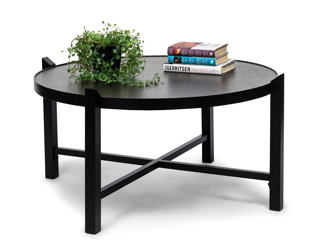 Stylish Ultra Mod Black Round Coffee Table with Copper Finish Engraved Top