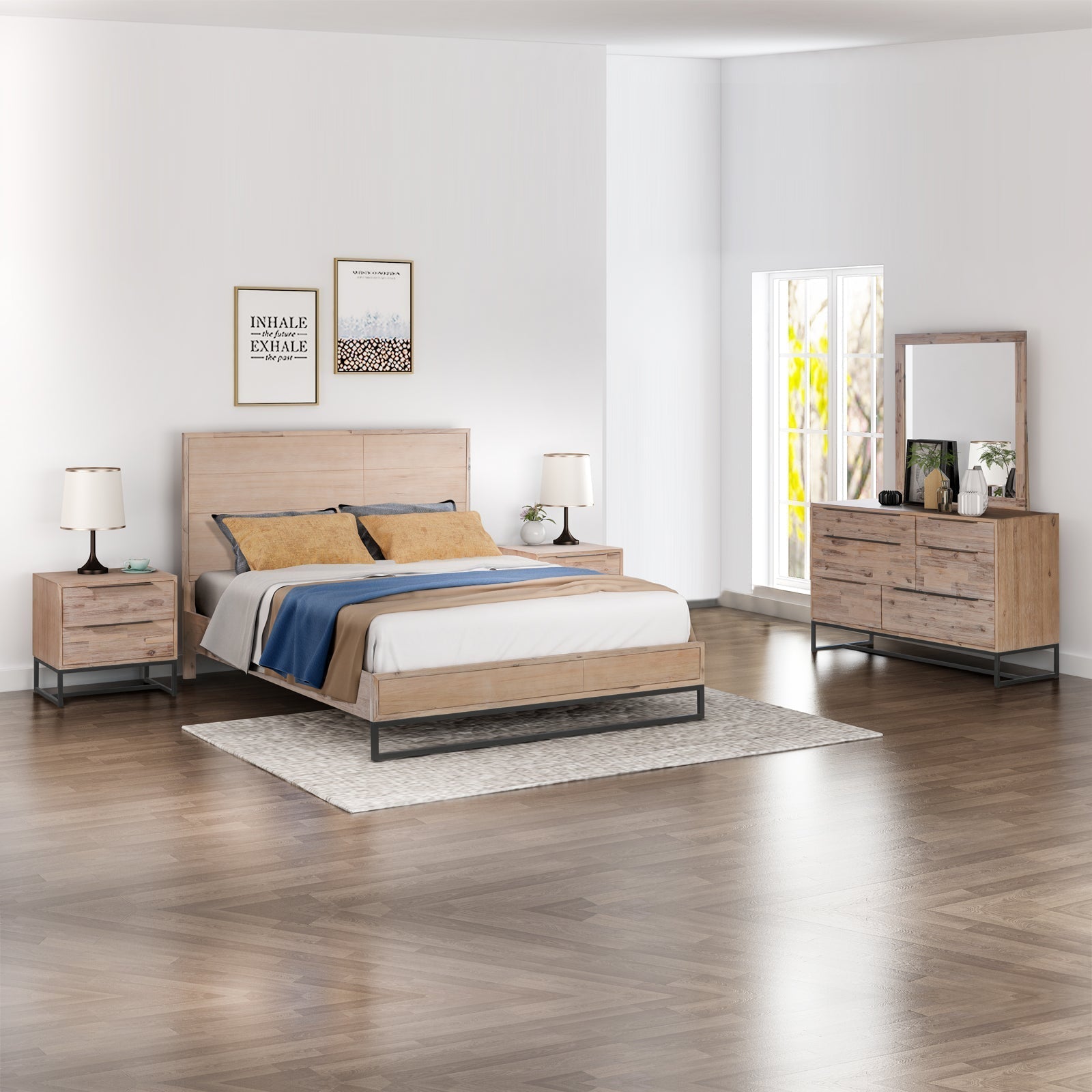 4 Pieces Queen Size Bedroom Suite made in Solid Wood Acacia