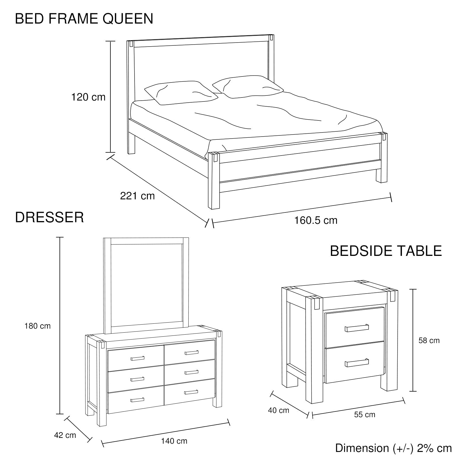 4 Pieces Queen Size Bedroom Suite in Solid Wood