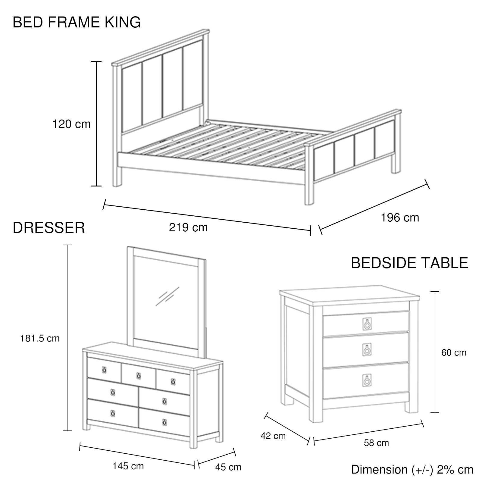 4 Pieces King Size Bedroom Suite with Solid Acacia Wood