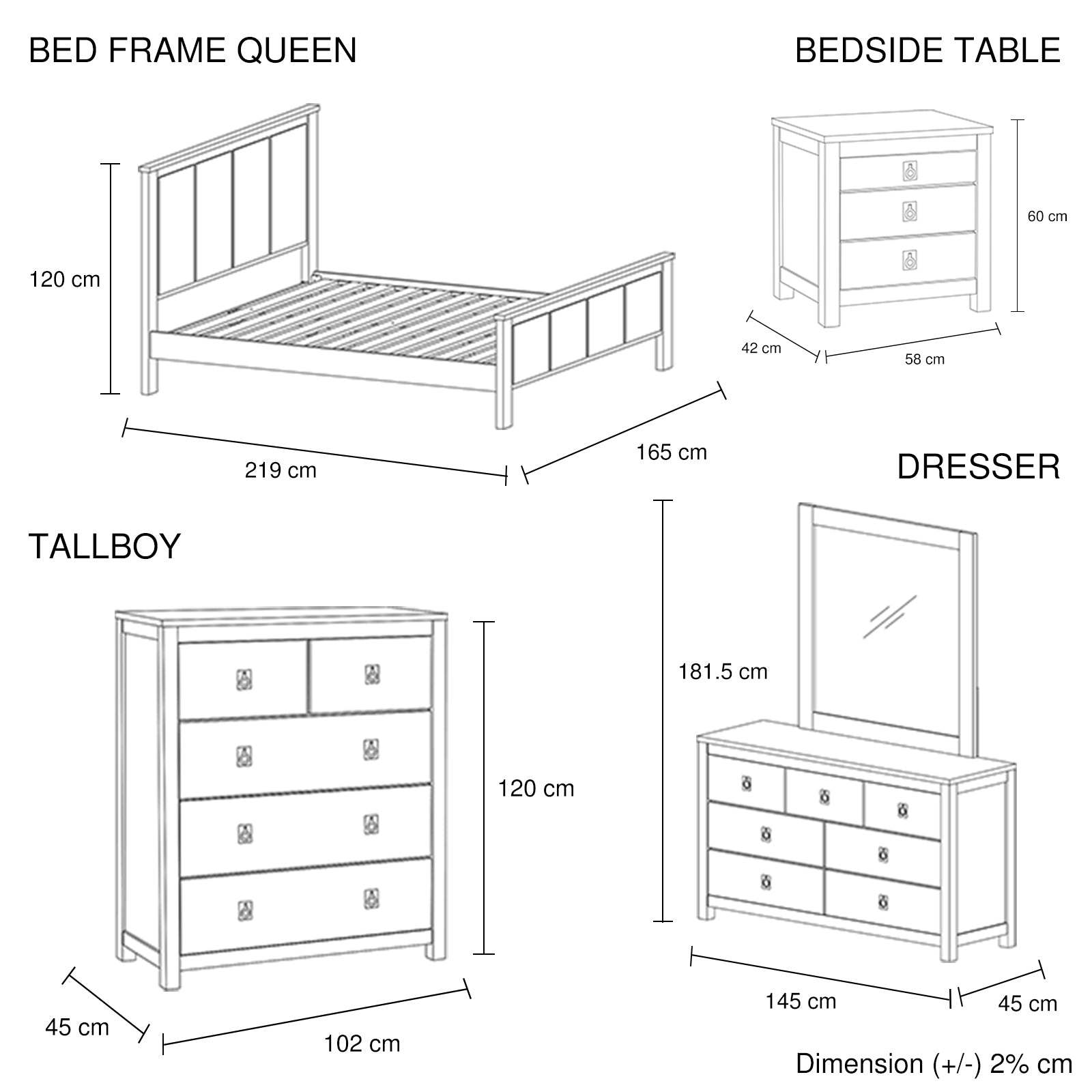 5 Pieces Queen Size Bedroom Suite with Solid Acacia Wood