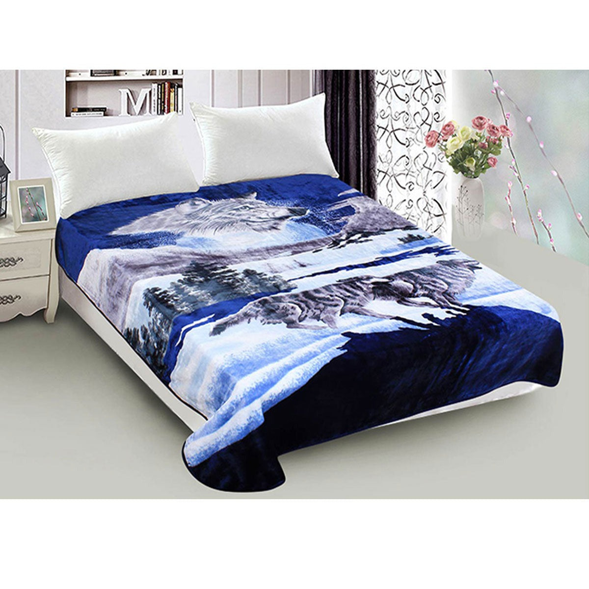 Whitney Throw Soft Blanket 800GSM Luxury Reversible Animal Mink Blanket Queen 200 x 240cm - Wolves